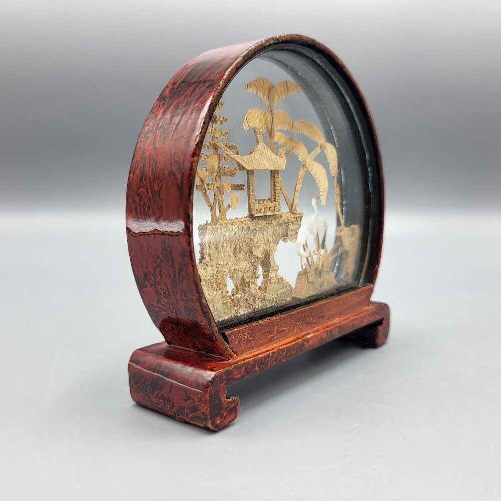 Vtg Chinese Hand Carved Cork Diorama Cranes Black Lacquer Art Stand 4" x 3.75" - Picture 3 of 16